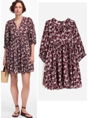 NWT Madewell Splitneck Puff-Sleeve Dress in Floral Size XXS Oversize Boho Breezy